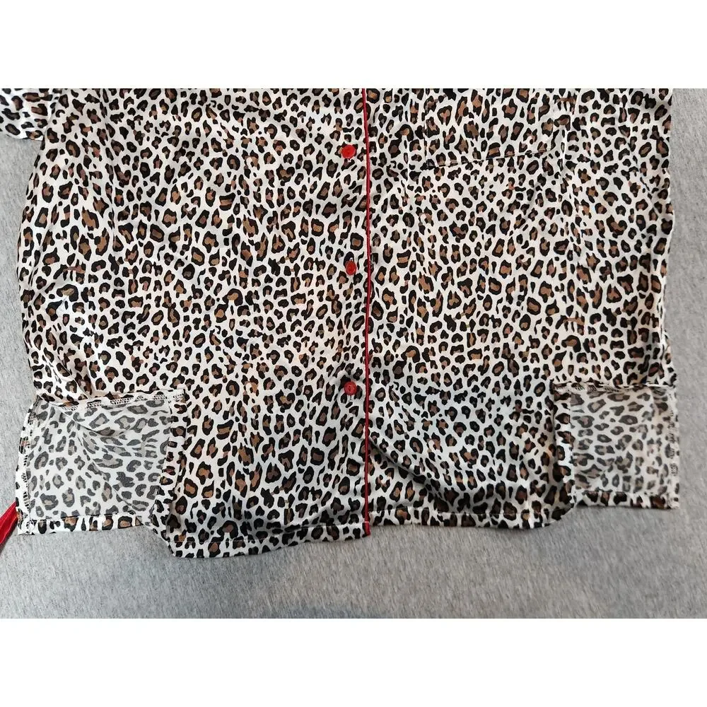 Kathryn Leopard Print Pajama Set XL Satin‎ Feel Red Trim Button Front Lounge